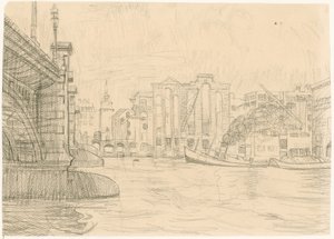 Udbrændte varehuse ved Blackfriars Bridge 1941 af Peter Jackson