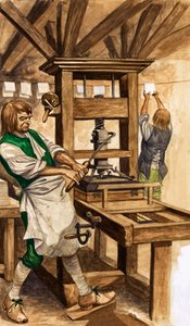 Caxtons presse (gouache på papir) af Peter Jackson