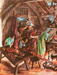 Inde i en bondes hjem (gouache på papir) af Peter Jackson