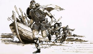 Kong Vortigern bragte to barbarhøvdinge - Hengest og Horsa - til Storbritannien (gouache på papir) af Peter Jackson