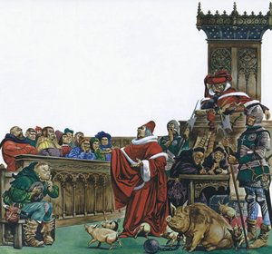Middelalderdomstol, hvor dyr blev stillet for retten (farve litho) af Peter Jackson