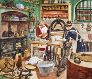 Nineteenth Century Kitchen (gouache på papir) af Peter Jackson