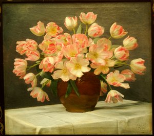 Tulipaner i en vase på et draperet bord af Peter Johan Schou
