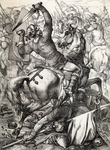 Slaget ved Hastings udkæmpede den 14. oktober 1066 mellem den normannisk-franske hær af hertug William II af Normandiet og en engelsk hær under den angelsaksiske kong Harold II, under den normanniske erobring af England Drawing a la pen Historically tires  af Peter Johann Nepomuck Geiger