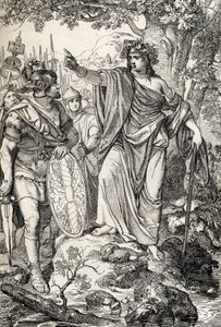 Germanicus kampagner: "" Nero Claudius Drusus Germanicus (38-9 f.Kr.) og hans hær møder en ung kvinde i regionerne mellem Weser- og Elben-floderne omkring 12 f.Kr." (Erobringen af Germanien: romangeneral Nero Claudius Drusus Germanicus og hans hæren når t af Peter Johann Nepomuck Geiger