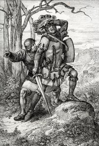 Hertug Leopold I af Østrig, Herre af Habsburg redder af en af sine ledsagere i slaget ved Morgarten den 15. november 1315 mod de schweiziske konfødererede, Schweiz (slaget ved Morgarten den 15. november 1315, Leopold I, hertugen af Østrig reddet af en sold af Peter Johann Nepomuck Geiger