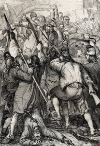 Den franske revolution: Den bevæbnede og rasende befolkning kommer ind via vindebroen og myrder garnisonen og guvernøren under stormen af Bastillen af Peter Johann Nepomuck Geiger