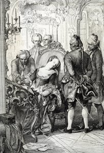 Dronning Caroline Mathilde (Caroline-Mathilde) af Danmark (1751-1775) blev tvunget til at underskrive skilsmissedokumenterne efter sit udenomsægteskabelige eventyr i 1772 (Danmarks dronning Caroline Matilda underskrev skilsmissepapirerne i april 1772 for u