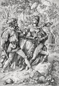 Dronning af England Margaret af Anjou (1430-1482) og hendes søn Edward reddet af en røver under deres flugt efter yorkisternes triumf af Peter Johann Nepomuck Geiger
