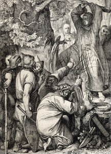 Repræsentation af den hellige Bonifatius af Mainz (680-754), der fælder Thors eg for at overbevise druiderne om, at det ikke er et helligt træ (Saint Boniface (Bonifacius), der ødelægger Thors eg (Donar eller Joves eg) af de germanske hedningers hellige tr