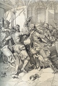 Streltsy-oprør: arrestation af medlemmer af streltsy-regimenter (strelets) efter deres ophævelse i 1698 mod progressive innovationer fra tsar Peter den Store, Rusland (Streltsy-opstand: mistænkte medlemmer af Moskvas Streltsy-regimenter arresteret efter St af Peter Johann Nepomuck Geiger