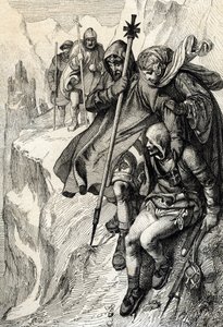 Romernes konge Henrik IV passerer passet af Mount Cenis for at krydse Alperne og gå til grevinde Mathilde af Toscana til Canossa, hvor pave Gregoire VII, januar 1077” (Henry IV krydsede Alperne ved Mont Cenis passet for at nå slottet Canossa og af Peter Johann Nepomuck Geiger