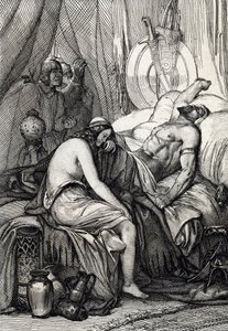 Hunnernes konge Attilas død (395-453) under hans søvn på sin bryllupsnat med germaine Ildico, 453 (Attilas død, hunernes hersker på hans bryllupsnat, hendes brud Ildico græder over hans krop, 453 ) Fjertegning hentet fra “Historis