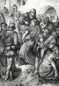 De trofaste kvinder i Weinsberg (Treue Weiber von Weinsberg): soldaternes hustruer, der blev besejret ved Weinsberg-belejringen af Conrad III af Hohenstaufen i 1140, bærer deres mænd på ryggen, Tyskland (De loyale hustruer under belejringen af Weinsberg