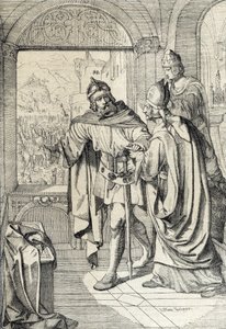 De første medlemmer af Habsburg-dynastiet Radbot og Eveque Werner på tidspunktet for opførelsen af Habsburg-huset i Aargau, Schweiz af Peter Johann Nepomuck Geiger