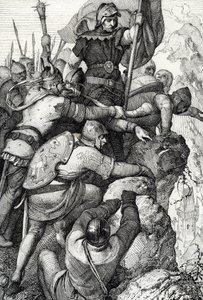 Tropperne fra Othon I af Baviere (1117-1183) nær Verona i Italien 1155 (Otto I, hertug af Bayern og hans hær nær Verona, Italien 1155) Fjertegning fra "Historische Memorabilian des In-und Auslandes"" (Historiske souvenirs) af Anton Ziegler af Peter Johann Nepomuck Geiger