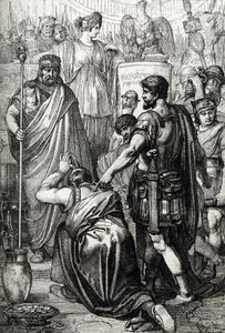 Vandalkrig: "" Overgivelsen af vandalernes konge Gelimer knæler foran den byzantinske general Belisaire (500-565) i marts 534, Carthage, Afrika" (Vandalerkrig: vandalskongen Gelimer overgiver sig til general Belisarius, 534, Afrika) Tegning en kuglepen teg af Peter Johann Nepomuck Geiger