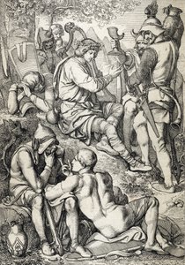 Krig mod vikingerne: "" Kongen af Wessex Alfred I den Store (846-899) forklædt som en harpespiller går ind i Guthrum-lejren for at afbryde sine kampplaner, Somerset 878 (Kong Alfred den Store, forklædt som musiker, og betragter situationen for fjenden i Da af Peter Johann Nepomuck Geiger