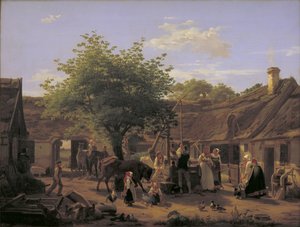 Billede af livet i en sjællandsk bondegård ved middagstid af Peter Julius Larsen