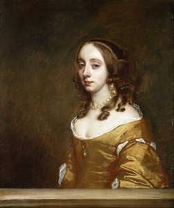 Portræt af en dame fra Popham-familien, halvlang, bag en kasse, iført en orange kjole, af Peter Lely