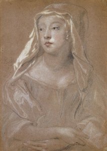 Portræt af en ung dame, traditionelt identificeret som Sarah Jennings, hertuginde af Marlborough, halv længde, holder en bog, hendes hænder krydset på skødet, hendes hovedkjole draperet på hendes skuldre, 1667 af Peter Lely