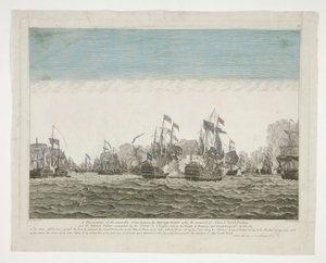 En fremstilling af den mindeværdige handling mellem den britiske flåde under kommando af admiral Lord Rodney og den franske flåde under kommando af grev de Graffe, mellem øerne Domenica og Guadaloupe 12. april 1782