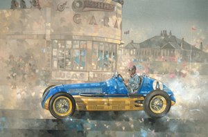 Blå og gul Maserati af Bira (olie på lærred)