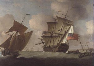 En tredjerangs slutter sig til hendes eskadron ud for Elizabeth Castle, Jersey af Peter Monamy