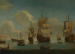Engelske krigsskibe ligger for anker i vindstille og tørrer sejl, begyndelsen af det 18. århundrede (olie på lærred) af Peter Monamy