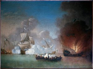 Søslag mellem et portugisisk krigsskib og stikkende piratkabysser - Maleri af Peter Monamy (aktivt mellem 1681 og 1749), olie på lærred, ca. 1685 (Flådeaktion mellem en portugisisk krigsmand og et antal Barbary Piratkabysser, af Peter Monamy,