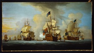 Den engelske flåde for anker med admiralens skib, der signalerer til vice- og kontreadmiralerne fra de hvide og blå eskadroner af Peter Monamy