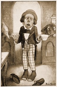 Jeg er en stakkels mand, Deres Majestæt, Hattemageren begyndte, med skælvende stemme, illustration til Lewis Carrolls Alices Adventures in Wonderland, 1901 af Peter Newell