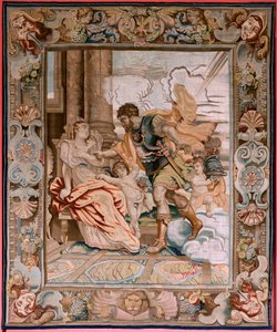 flamsk gobelin. Serie Historie om konsul Decius Mus. Mars viser sig for Rhea Silvia (Aparición de Marte a Rea Silvia). Ottende gobelin i serien. Model P P Rubens. Fremstilling Jan Raes II, Bruxelles. Ca1620-1629. Stof Guld, sølv, silke og uld.