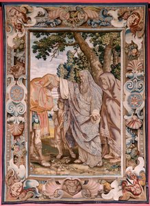 flamsk gobelin. Serie Historie om konsul Decius Mus. Valerius velsigner Decius. Fjerde gobelin i serien. Model PP Rubens. ; Fremstilling Jan Raes II, Bruxelles. Ca 1620-1629. Stof Guld, sølv, silke og uld. Størrelse 405 x 330 cm. Beliggenhed Royal Pal af Peter Paul (after) Rubens