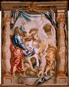 flamsk gobelin. Mannens fald i ørkenen (La caída del maná en el desierto). Serien Eukaristiens triumf. Tredje gobelin i serien. Model Peter Paul Rubens. 1626-1628. Fremstilling Jan II Raes, Jacob II Geubels, Hans Vervoert, Ja af Peter Paul (after) Rubens