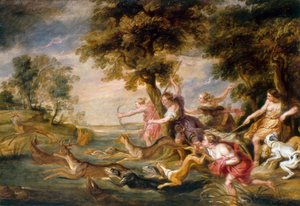 Diana og nymfer på jagt efter dådyr, ca. 1673 (olie på lærred) af Peter Paul (follower of) Rubens