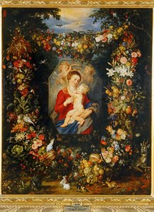 Maria, jomfru og barn med krans af blomster og frugter ... af Peter Paul & Brueghel Jan (1601 78) Rubens