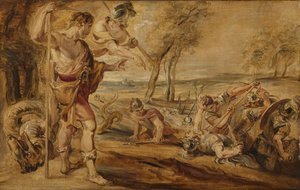Cadmus, guidet af Minerva, observerer Spartoi-kampene af Peter Paul Rubens (after)