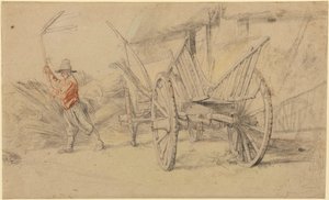 En mand i gang med at tærske ved siden af en vogn med landbrugsbygninger bagved af Peter Paul Rubens