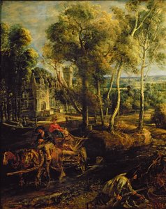 Et efterårslandskab med udsigt over Het Steen i den tidlige morgen, ca. 1636 olie på paneldetalje af 211075 af Peter Paul Rubens
