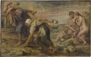 ""Deucalion and Pyrrha"" Peinture af Pieter Paul Rubens (1577-1640) vers 1636 - Olie på træ Dim 26,4x41,7 cm Museo del Prado, Madrid af Peter Paul Rubens