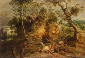 Landskab med stenbærere, ca. 1620 (olie på lærred overført fra panel) af Peter Paul Rubens