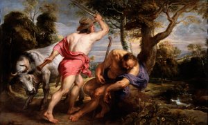 ""Mercury and Argus"" Mercury bliver instrueret af Zeus om at lade Argus sove, Ios vogter, forvandlet til en kvie af Hera (Mercury and Argus) Maleri af Pieter Paul Rubens (1577-1640) 1636-1638 Dim 180x298 cm Museo del Prado, Madrid af Peter Paul Rubens