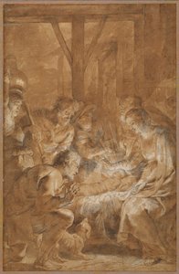 Hyrdernes tilbedelse, ca. 1613-4 (pen og brunt blæk med brun vask og hvid gouache) af Peter Paul Rubens