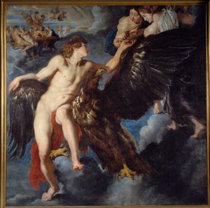 Kidnapningen af Ganymedes Mens han græsser sin flok på bjerget Ida de Troade, bliver Zeus til en ørn, tager den væk for at gøre den til sin elsker og gudernes sang. Maleri af værkstedet af Pierre Paul (Pierre-Paul) Rubens (eller Peter Paul eller Petrus Pau af Peter Paul Rubens