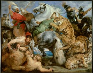 Tigerjagt. Maleri af Peter Paul (Peter Paul) Rubens (eller Peter Paul eller Petrus Paulus) (1577-1640)) Ec. Flam, ca. 1616. Olie på lærred. Søn: 2,56 X 3,24m. Rennes, Museum of Fine Arts — Tigerjagten. Maleri af Peter Paul Rubens (eller Petrus Paulus) (157 af Peter Paul Rubens