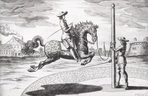A Horse en Capriole fra New Treatise for Breeding Horses skrevet af Winters, Stuterey og Reit-Schul, indgraveret af kunstneren, pub. 1672 stik af Peter Paul Troschel