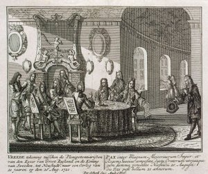 Indgåelse af fredstraktaten i Nystad den 20. august 1721. af Peter Schenk the Younger