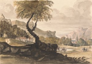 Bakket scene med landsby og rytter af Peter Tillemans