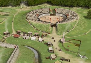 Tilskuere ankommer til Silchester Roman City Amphitheatre c250 AD, c1990-2010